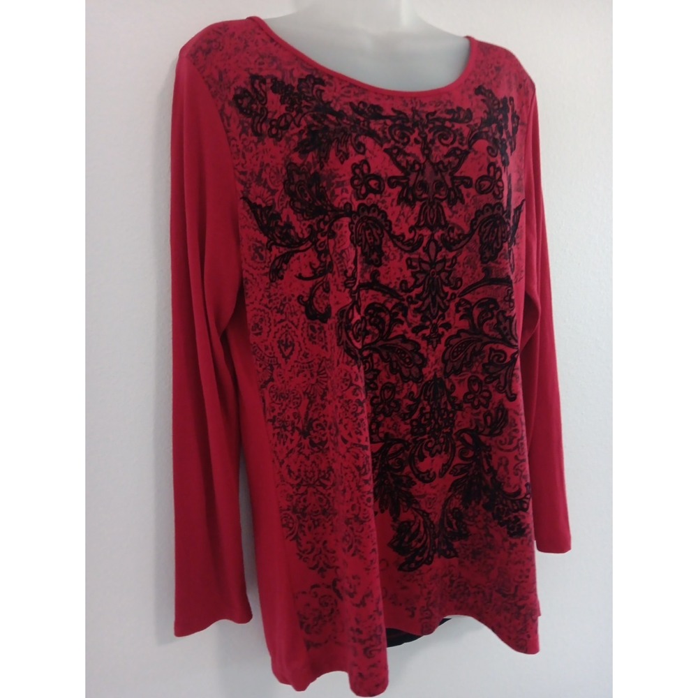 Y2K Long Sleeve T Shirt Womens Large Red with Velvet Texture Scuba Back Goth - Picture 2 of 11
